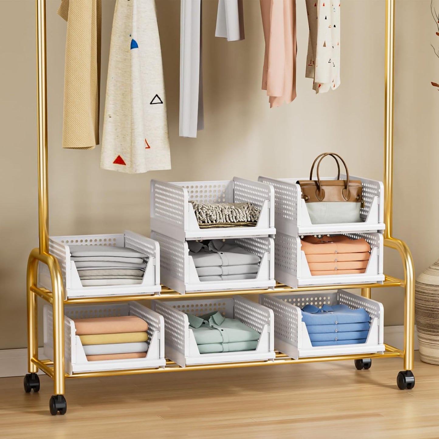 Wardrobe Storage Organiser - 4 Pack Folding Closet Organisers, Stackable Storage Boxes, Plastic Drawer Organiser Basket for Bedroom Kitchen Bathroom White