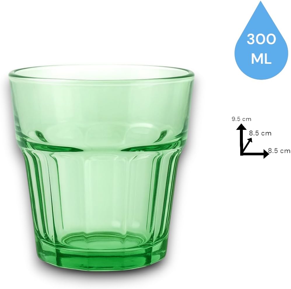 Set of 6 Coloured Glass Tumbler Glasses 360 ml and 300 ml High Quality, Modern Style, Durable and Stackable Water Glasses, Cocktails, Aperitifs, Drinks, Summer, Camping (Set Catalina)