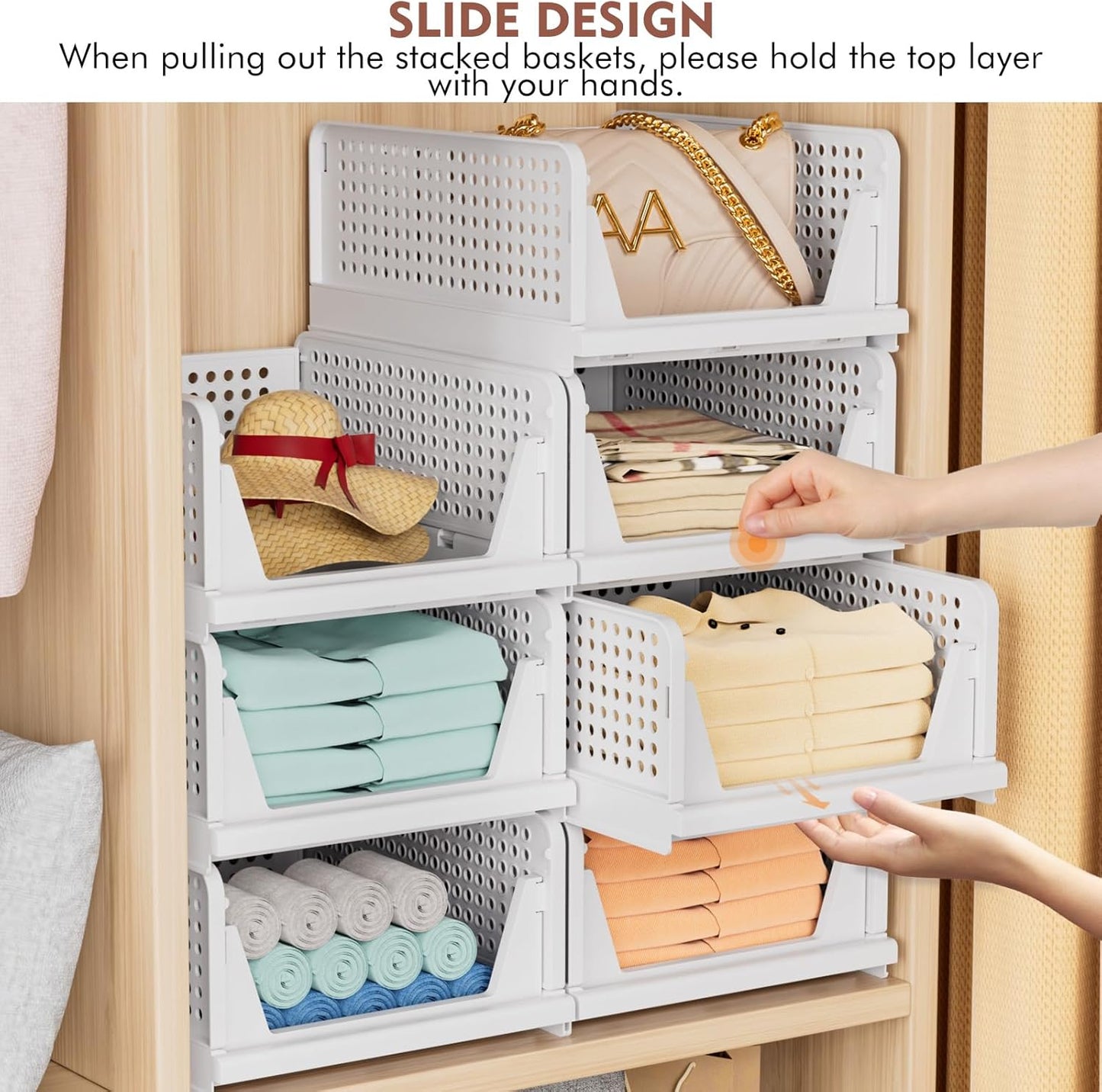 Wardrobe Storage Organiser - 4 Pack Folding Closet Organisers, Stackable Storage Boxes, Plastic Drawer Organiser Basket for Bedroom Kitchen Bathroom White