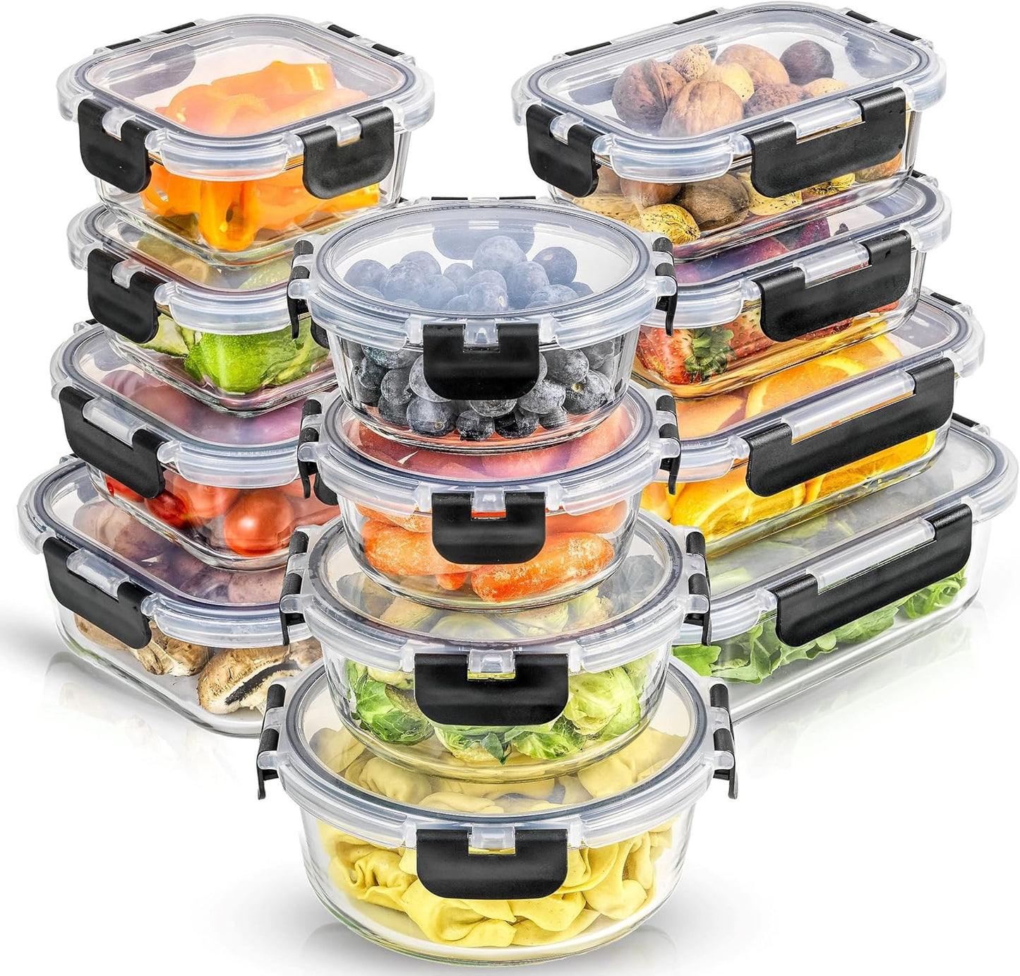 24pc(12 Airtight, Freezer Safe Food Storage Containers and 12 Lids), Pantry Kitchen Storage Containers, Glass Meal Prep Container for Lunch, Glass Storage Containers with Lids