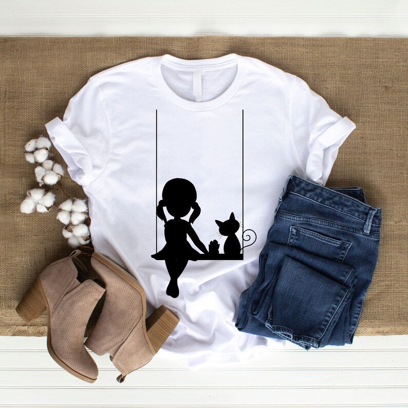 Girl cat swing svg png\ little girl with cat on swing clipart\ nursery wall decor\ printable cut file cricut silhouette digital download