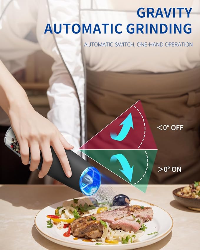 Gravity Electric Salt and Pepper Grinder Set Automatic Salt and Pepper Grinder Set with LED Light, Battery Operated, Adjustable Coarseness, Large Capacity, for Home Kitchen BBQ