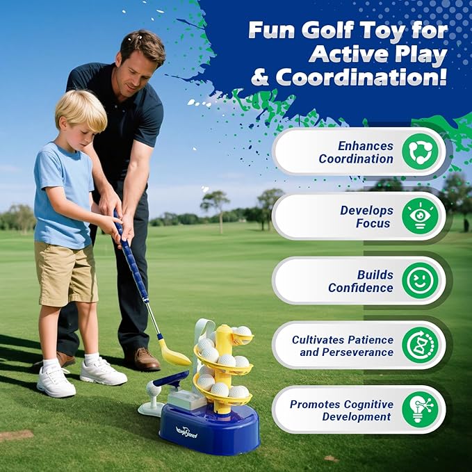 Toddler Golf Set with Foot Pedal Launcher, Kids Golf Toy for Ages 3-8, Includes Adjustable Golf Club, 15 Balls & Golf Cart, Indoor&Outdoor Sports Gift for Boys and Girls