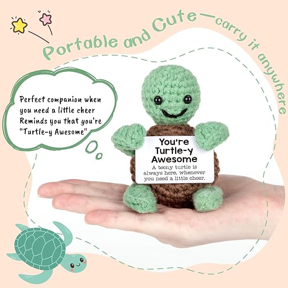 Mini Funny Turtle Birthday Gifts for Women Men Christmas, Retirement Bosses Day Gifts, Inspirational Small Animals Cute Stuff Things, Handmade Emotional Positive Crochet Turtle Decorations