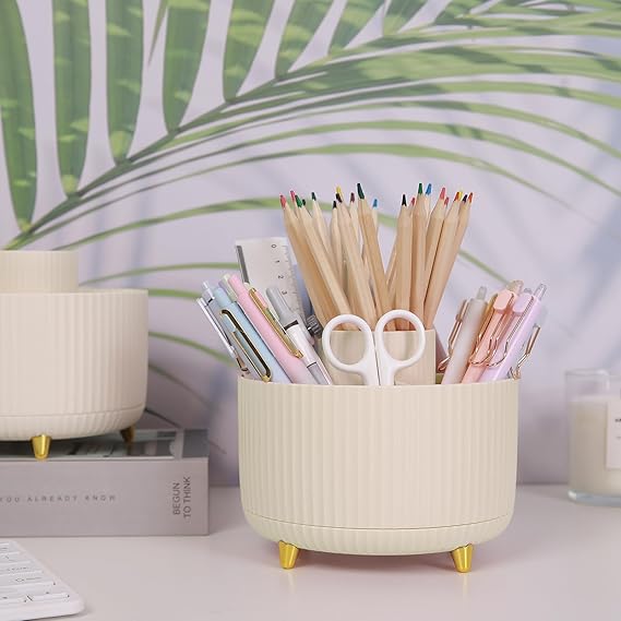 360 Rotating Plastic Desk Pen Organizer with 5 Slots, Dual-Purpose Art Supply Pencil Cup for Office, School, Home