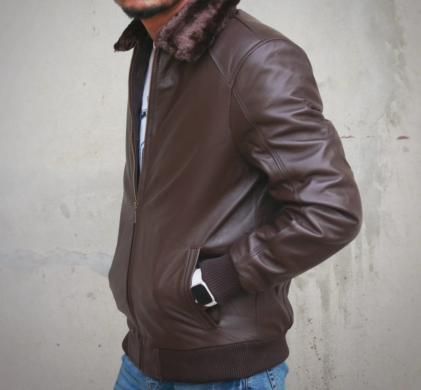 Leather Jacket with Fur Collar