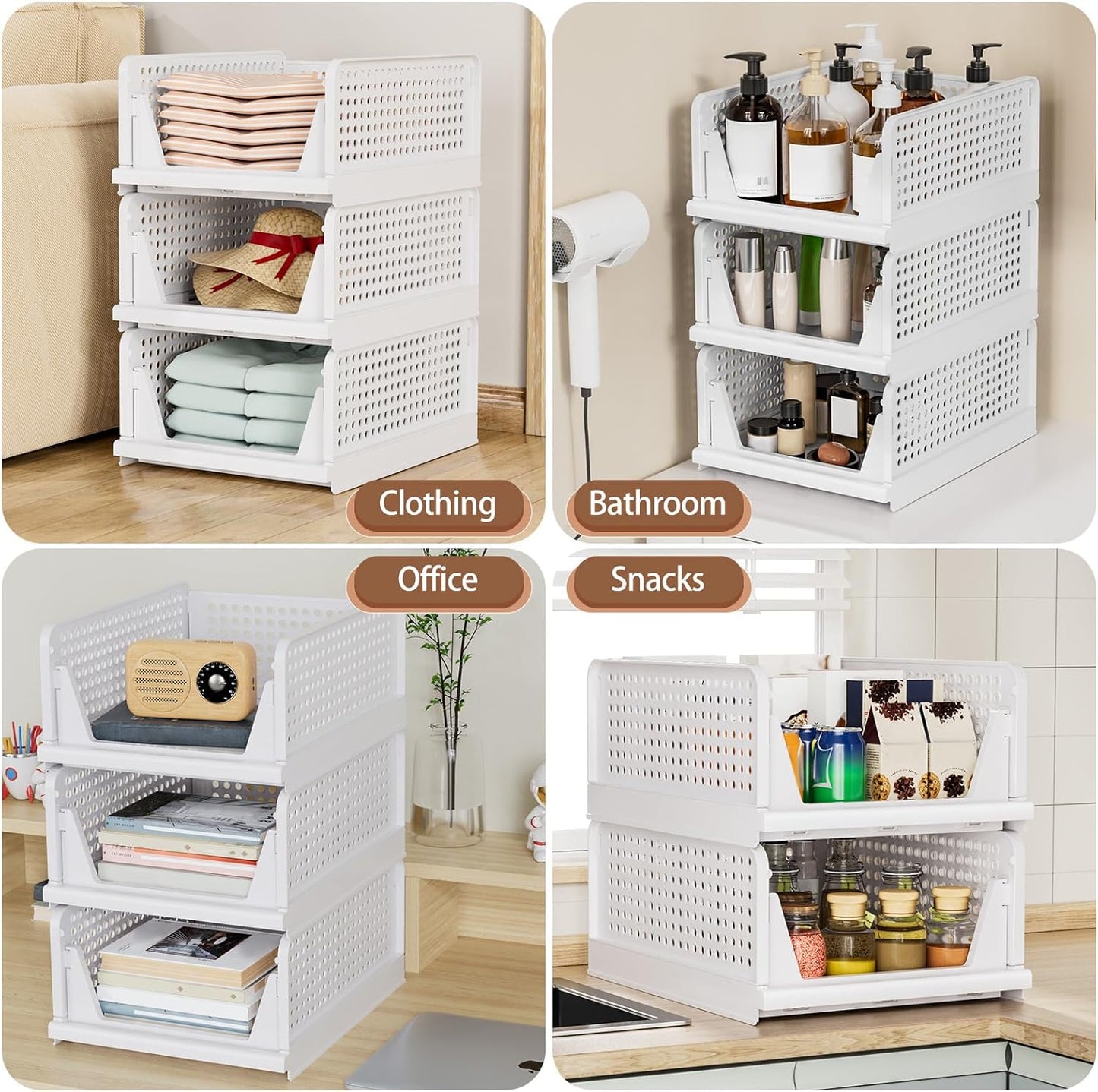 Wardrobe Storage Organiser - 4 Pack Folding Closet Organisers, Stackable Storage Boxes, Plastic Drawer Organiser Basket for Bedroom Kitchen Bathroom White