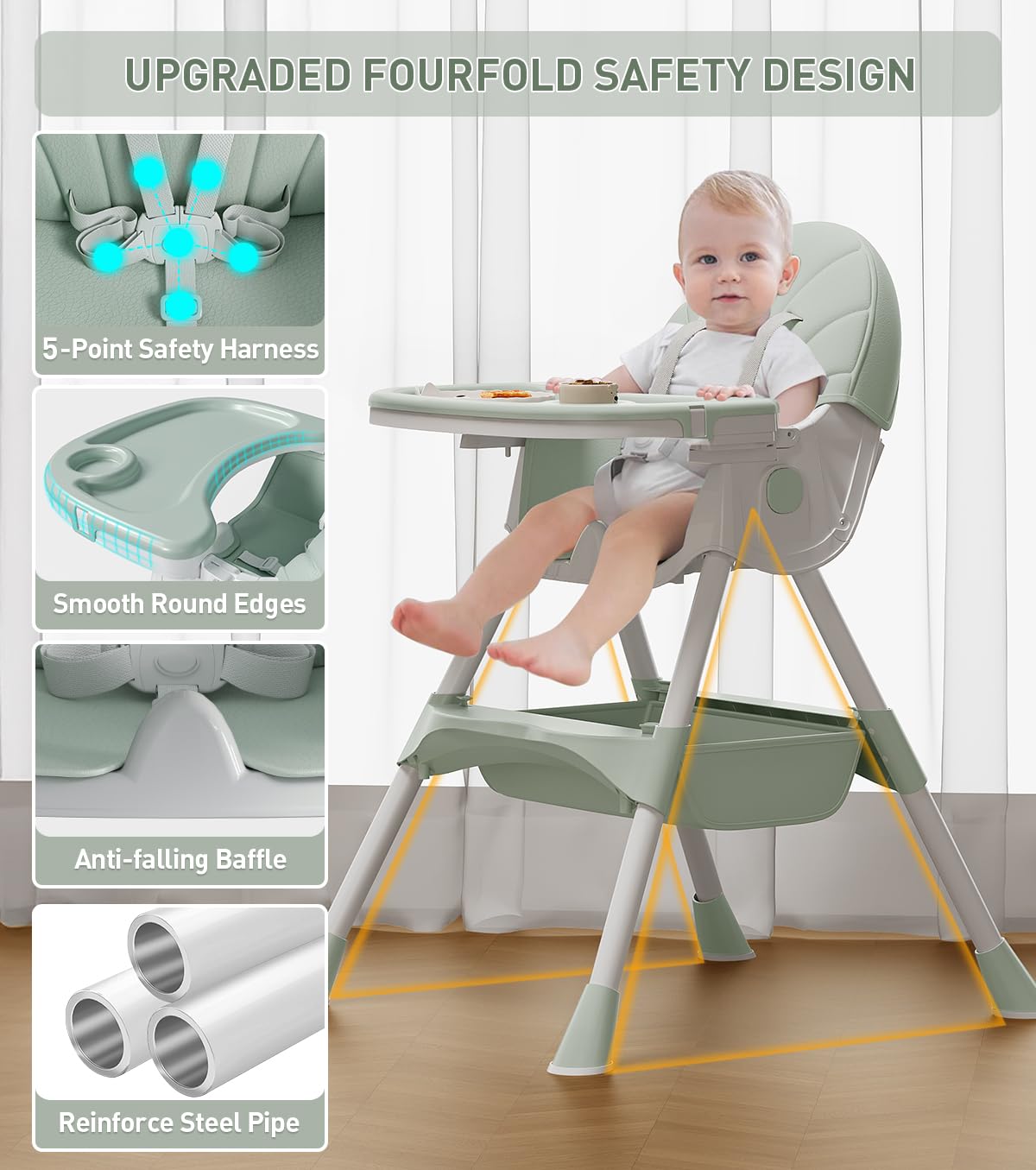Baby High Chair, 5 in 1 High Chairs for Babies and Toddlers, Travel Foldable High Chair with Foot Rest, Detachable PU Cushion, Double Removable Tray, Adjustable Height & Recline