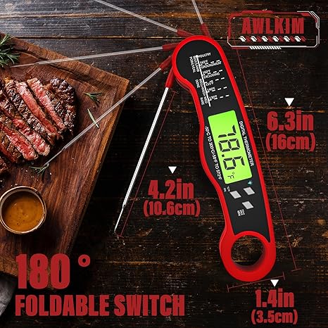 Meat Thermometer Digital - Instant Read Waterproof Food Thermometer with Backlight for Cooking, Grill, Candy, Kitchen & Stocking Stuffers for Men - Red
