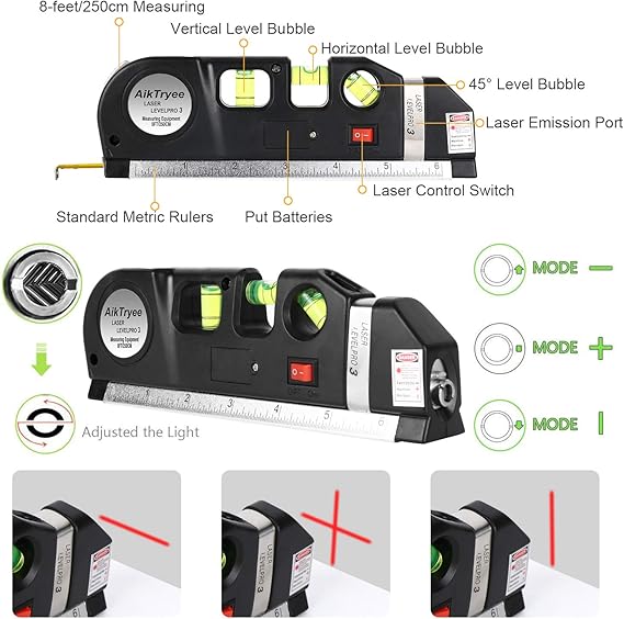 Laser Level Line Tool, Multipurpose Laser Level Kit Standard Cross Line Laser leveler Beam Tool with Metric Rulers 8ft/2.5M for Picture Hanging cabinets Tile Walls