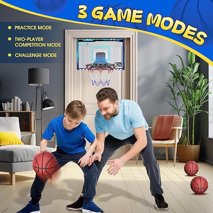 Indoor Mini Basketball Hoop for Kids, Basketball Hoops Over The Door with LED Lighting, Mini Hoop with Scoreboard & 3 Balls, Basketball Toys Gifts for 5 6 7 8 9 10 11 12 Year Old Boys Girls