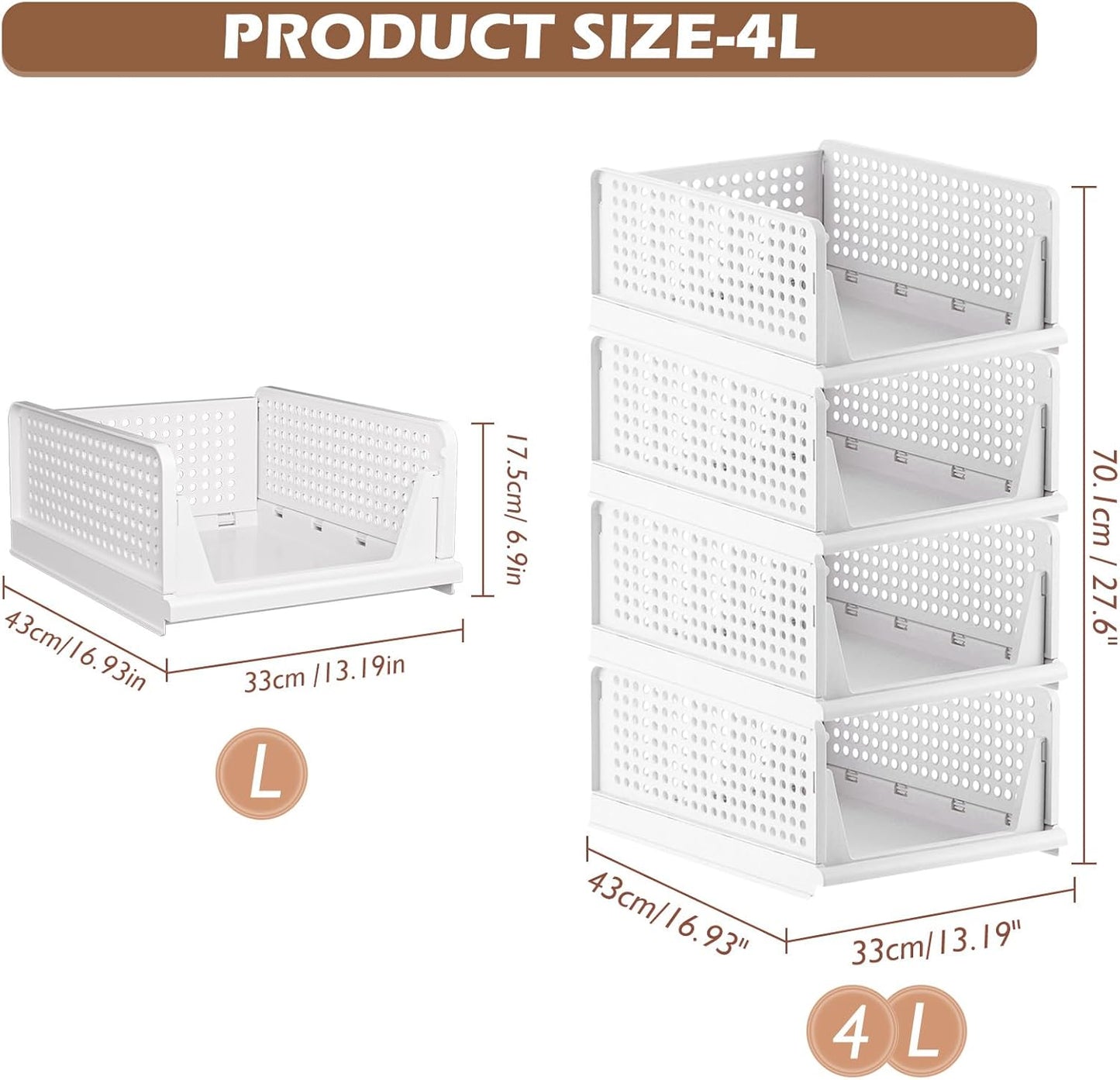 Wardrobe Storage Organiser - 4 Pack Folding Closet Organisers, Stackable Storage Boxes, Plastic Drawer Organiser Basket for Bedroom Kitchen Bathroom White