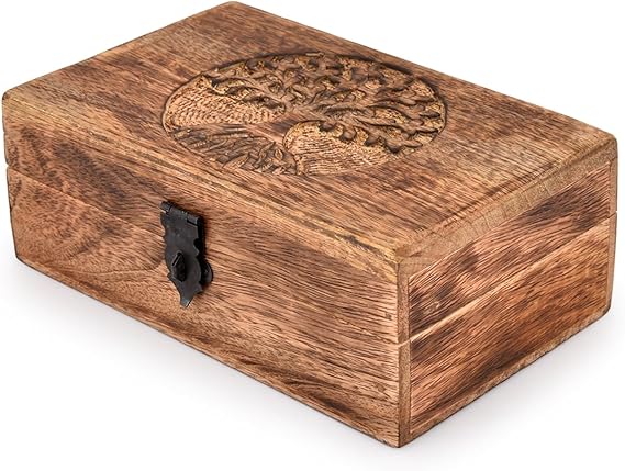 Handmade Mango Wood Tree of Life Engraving Beautifully Keepsake Box Jewellery Organiser Unique Gift Ideas for Men & Women (Flame Work Finish)
