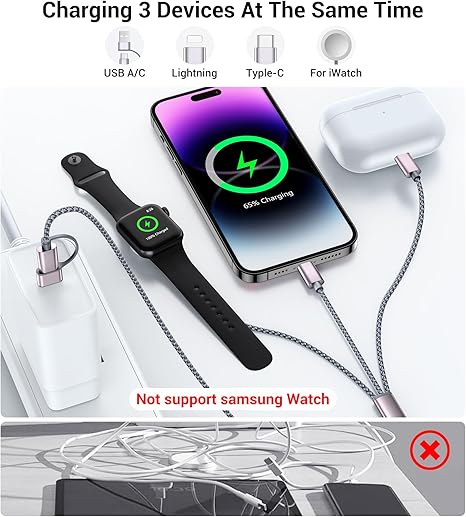 Travel Essentials,3 in 2 USB C Cable for Apple Watch Charger/iPhone 16 Charger/Lightning,Multi Charging Cable Cord,Vacation Camping Essentials,Portable Designed for iWatch &iPhone 16-12-4FT