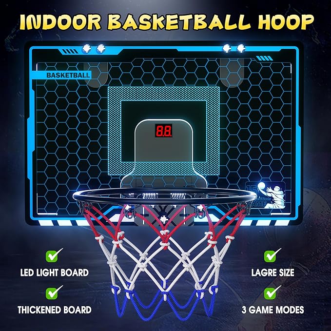 Indoor Mini Basketball Hoop for Kids, Basketball Hoops Over The Door with LED Lighting, Mini Hoop with Scoreboard & 3 Balls, Basketball Toys Gifts for 5 6 7 8 9 10 11 12 Year Old Boys Girls