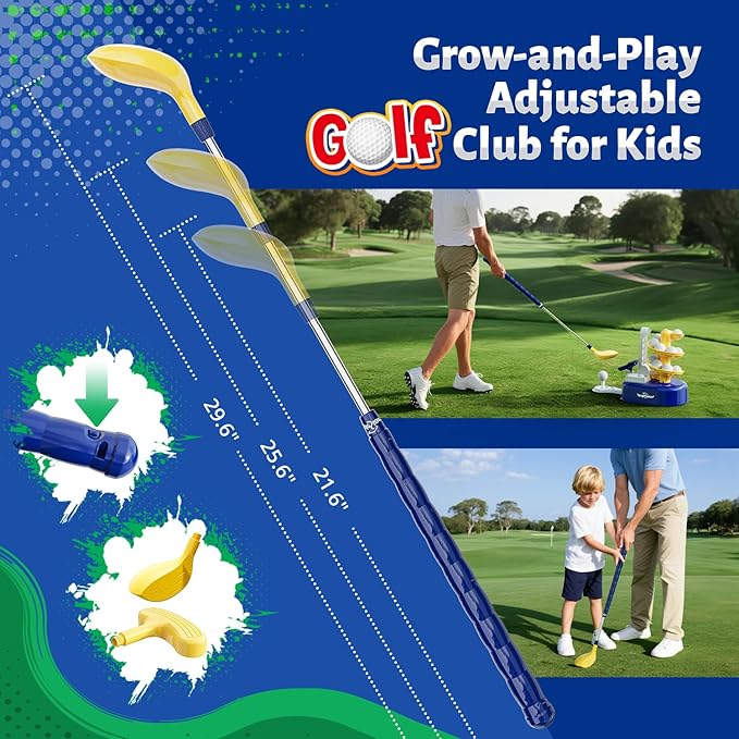 Toddler Golf Set with Foot Pedal Launcher, Kids Golf Toy for Ages 3-8, Includes Adjustable Golf Club, 15 Balls & Golf Cart, Indoor&Outdoor Sports Gift for Boys and Girls