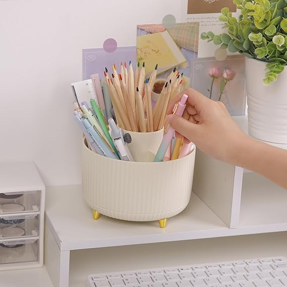 360 Rotating Plastic Desk Pen Organizer with 5 Slots, Dual-Purpose Art Supply Pencil Cup for Office, School, Home