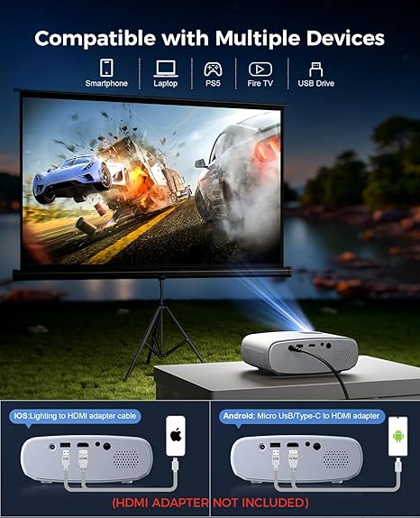 Mini Projector for iPhone, 2025 Upgraded 1080P HD Projector, 8000L Portable Projector with Tripod, Movie Projector Compatible with Android/iOS/Windows/TV Stick/HDMI/USB