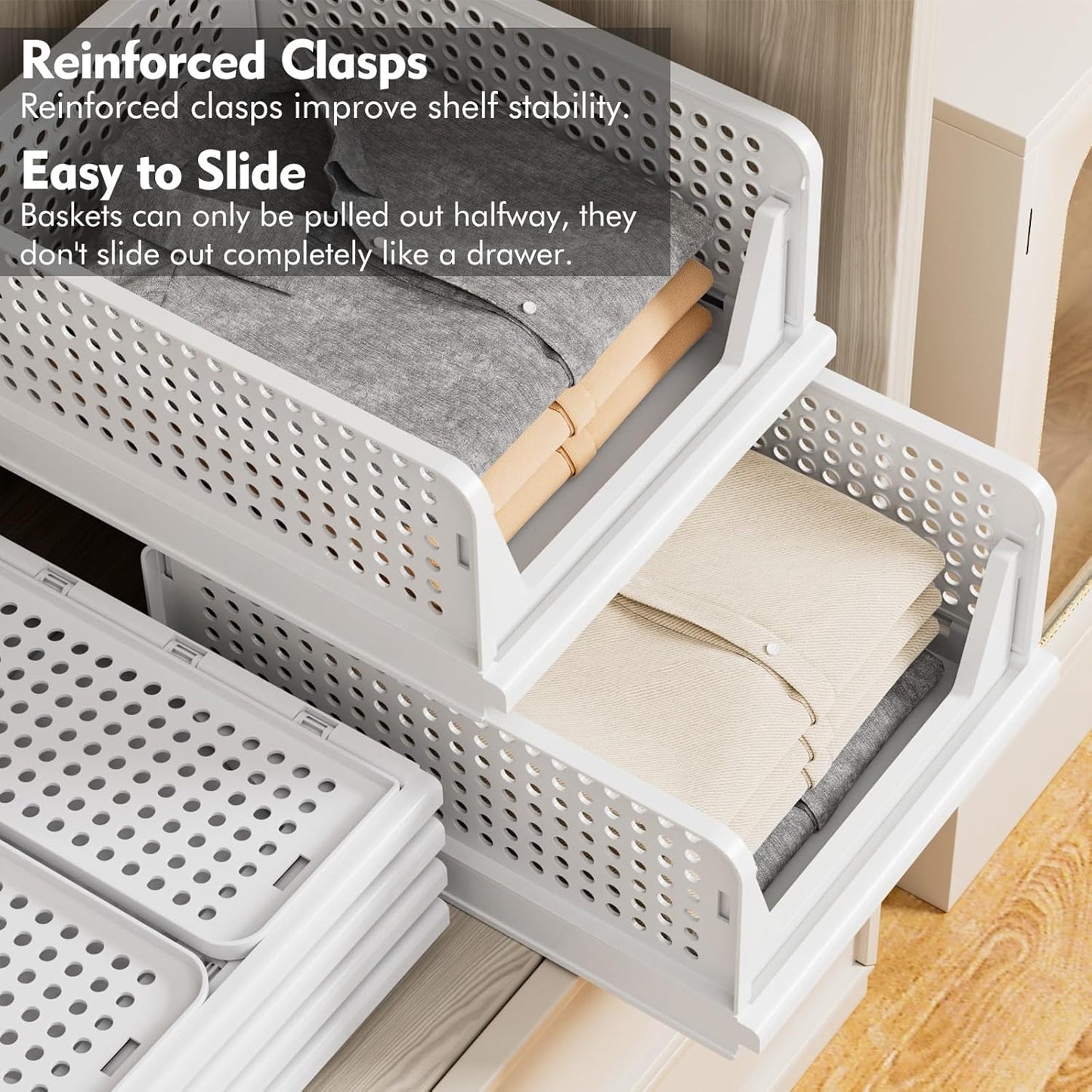 Wardrobe Storage Organiser - 4 Pack Folding Closet Organisers, Stackable Storage Boxes, Plastic Drawer Organiser Basket for Bedroom Kitchen Bathroom White