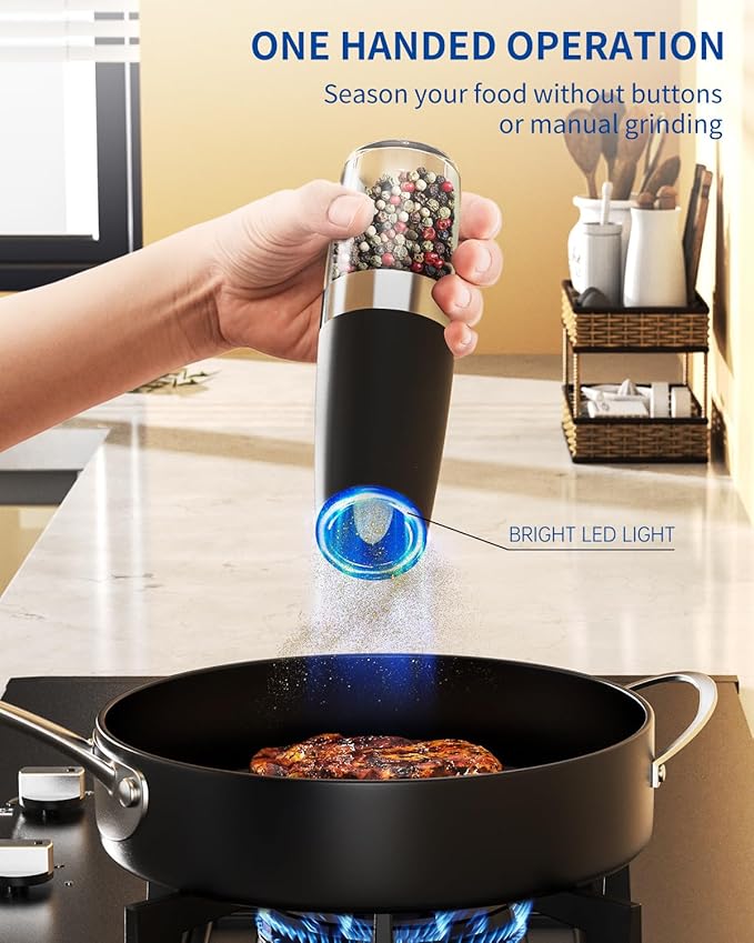 Gravity Electric Salt and Pepper Grinder Set Automatic Salt and Pepper Grinder Set with LED Light, Battery Operated, Adjustable Coarseness, Large Capacity, for Home Kitchen BBQ