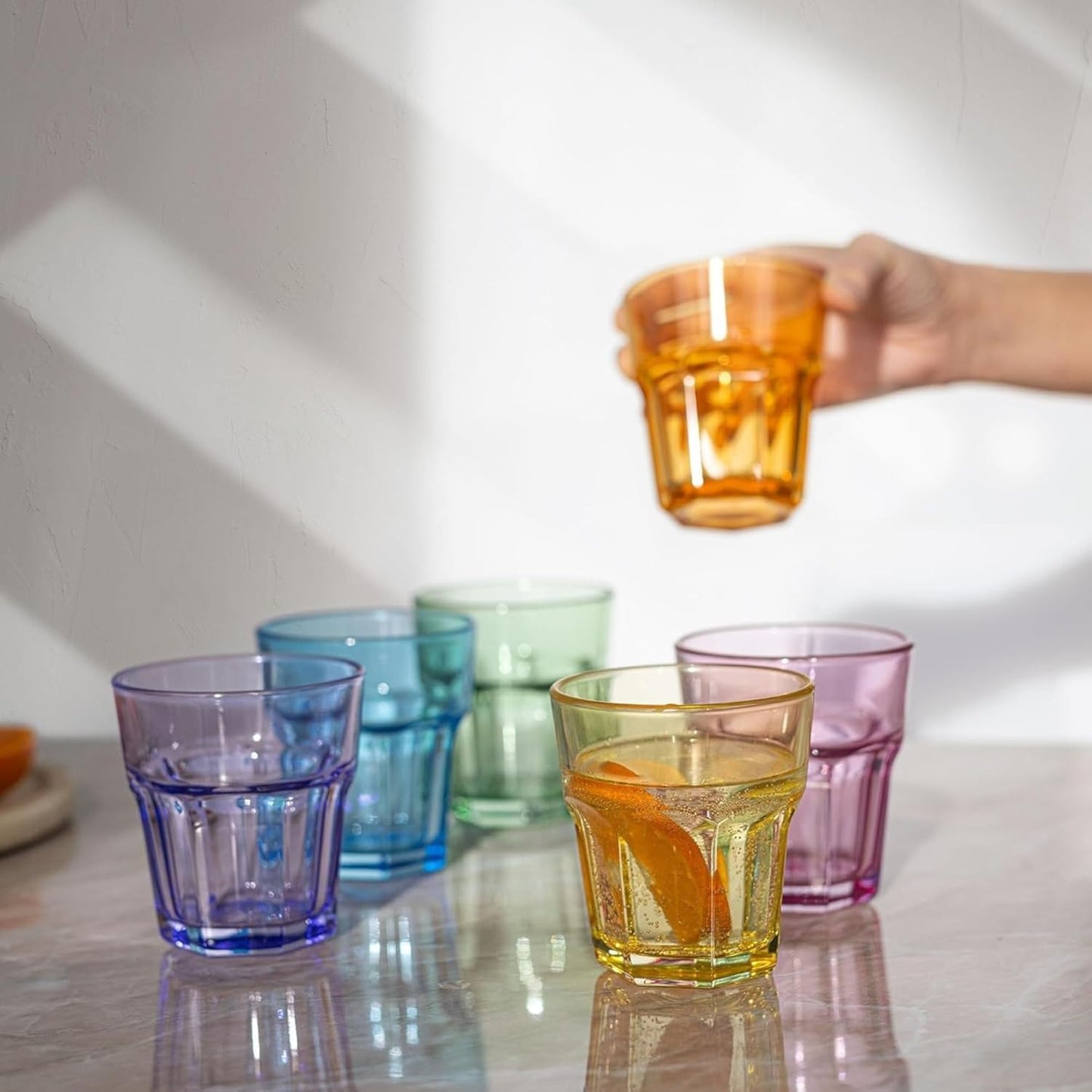 Set of 6 Coloured Glass Tumbler Glasses 360 ml and 300 ml High Quality, Modern Style, Durable and Stackable Water Glasses, Cocktails, Aperitifs, Drinks, Summer, Camping (Set Catalina)