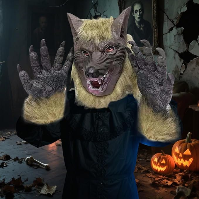Costume da mannaro, maschera mannaro costume di Halloween Maschera realistica e 1 paio di guanti zampe per il cosplay da festa di Halloween vestirsi