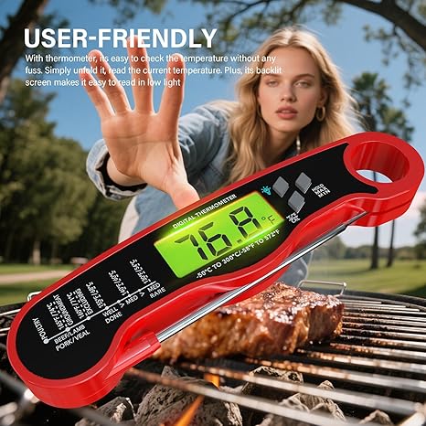 Meat Thermometer Digital - Instant Read Waterproof Food Thermometer with Backlight for Cooking, Grill, Candy, Kitchen & Stocking Stuffers for Men - Red