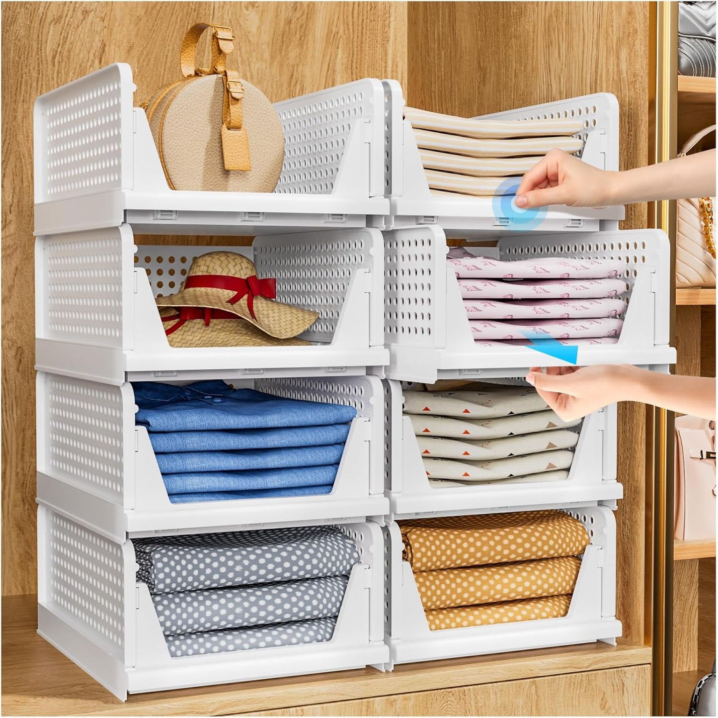 Wardrobe Storage Organiser - 4 Pack Folding Closet Organisers, Stackable Storage Boxes, Plastic Drawer Organiser Basket for Bedroom Kitchen Bathroom White