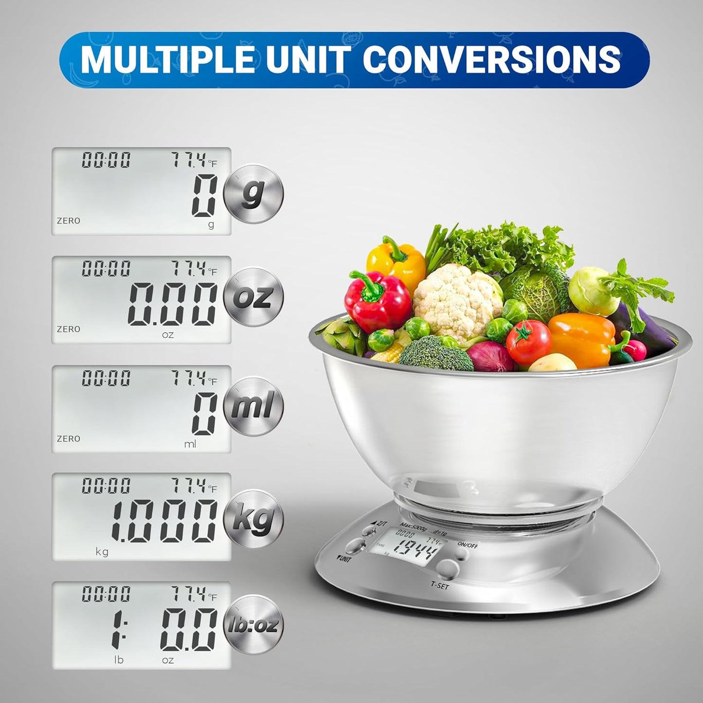 Digital Kitchen Scales Stainless Steel Weight and Grams Professional Stainless Steel Kitchen Scales with Bowl for Slimming and Baking