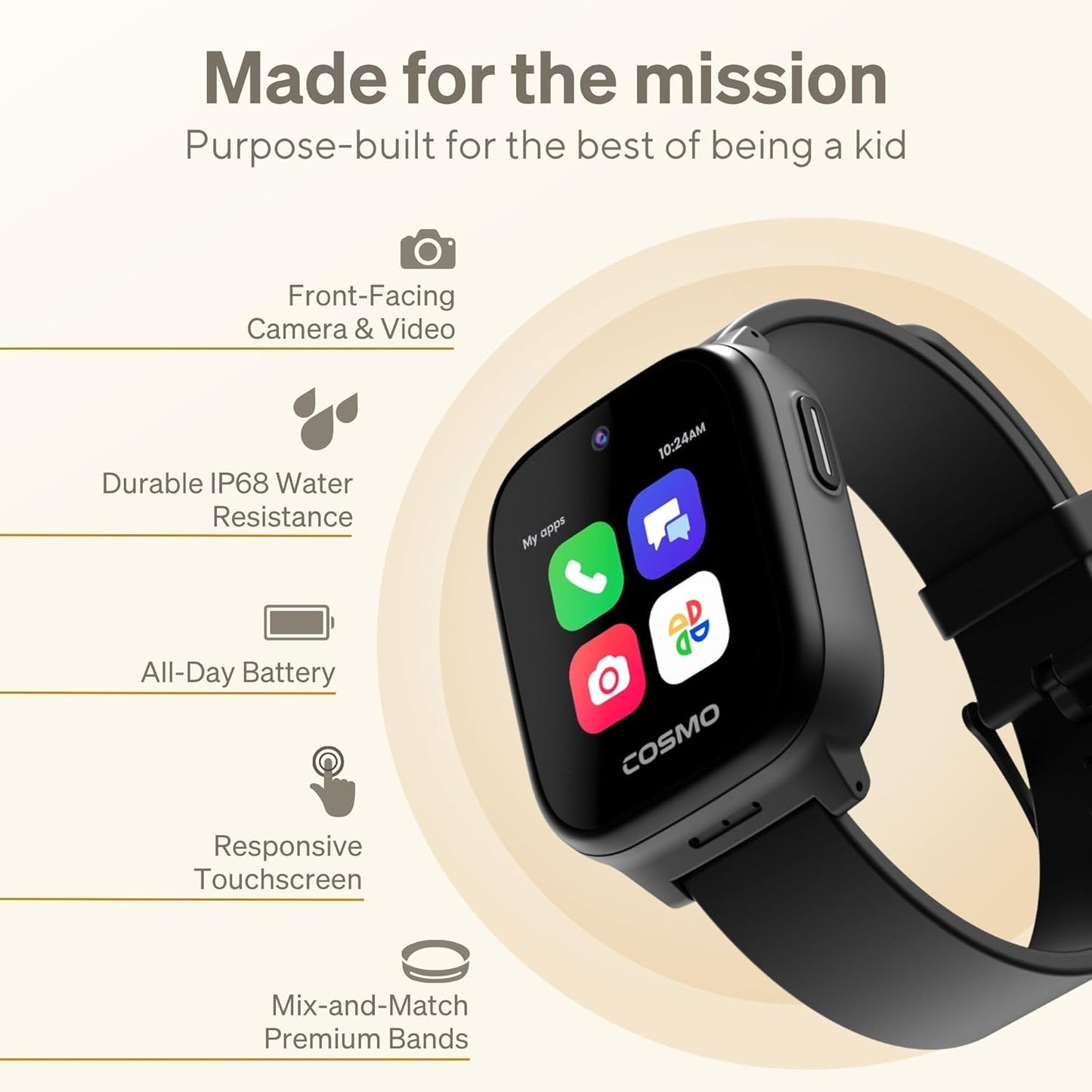 Kids Smart Watch by Cosmo | Best Kid-Safe Phone Watch | Precision Real-Time GPS Tracking | Call, Text, Activity, School Settings | Spotify Music | Parental Controls | SOS & Safety Alerts