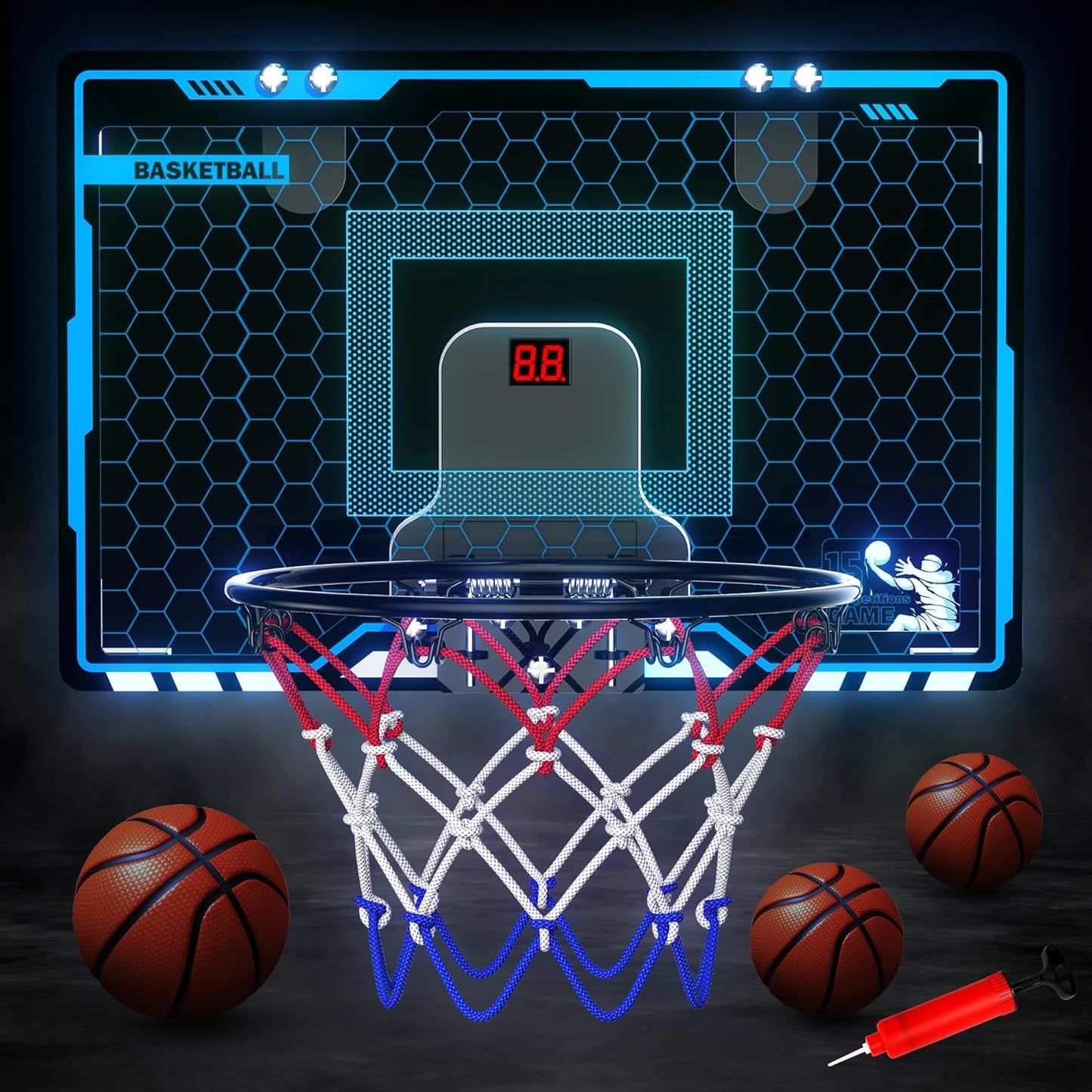 Indoor Mini Basketball Hoop for Kids, Basketball Hoops Over The Door with LED Lighting, Mini Hoop with Scoreboard & 3 Balls, Basketball Toys Gifts for 5 6 7 8 9 10 11 12 Year Old Boys Girls