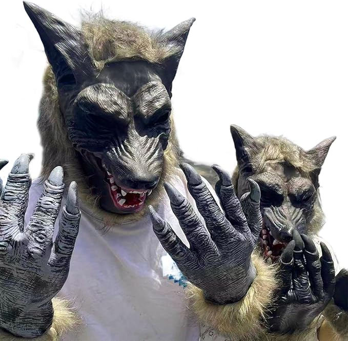 Costume da mannaro, maschera mannaro costume di Halloween Maschera realistica e 1 paio di guanti zampe per il cosplay da festa di Halloween vestirsi