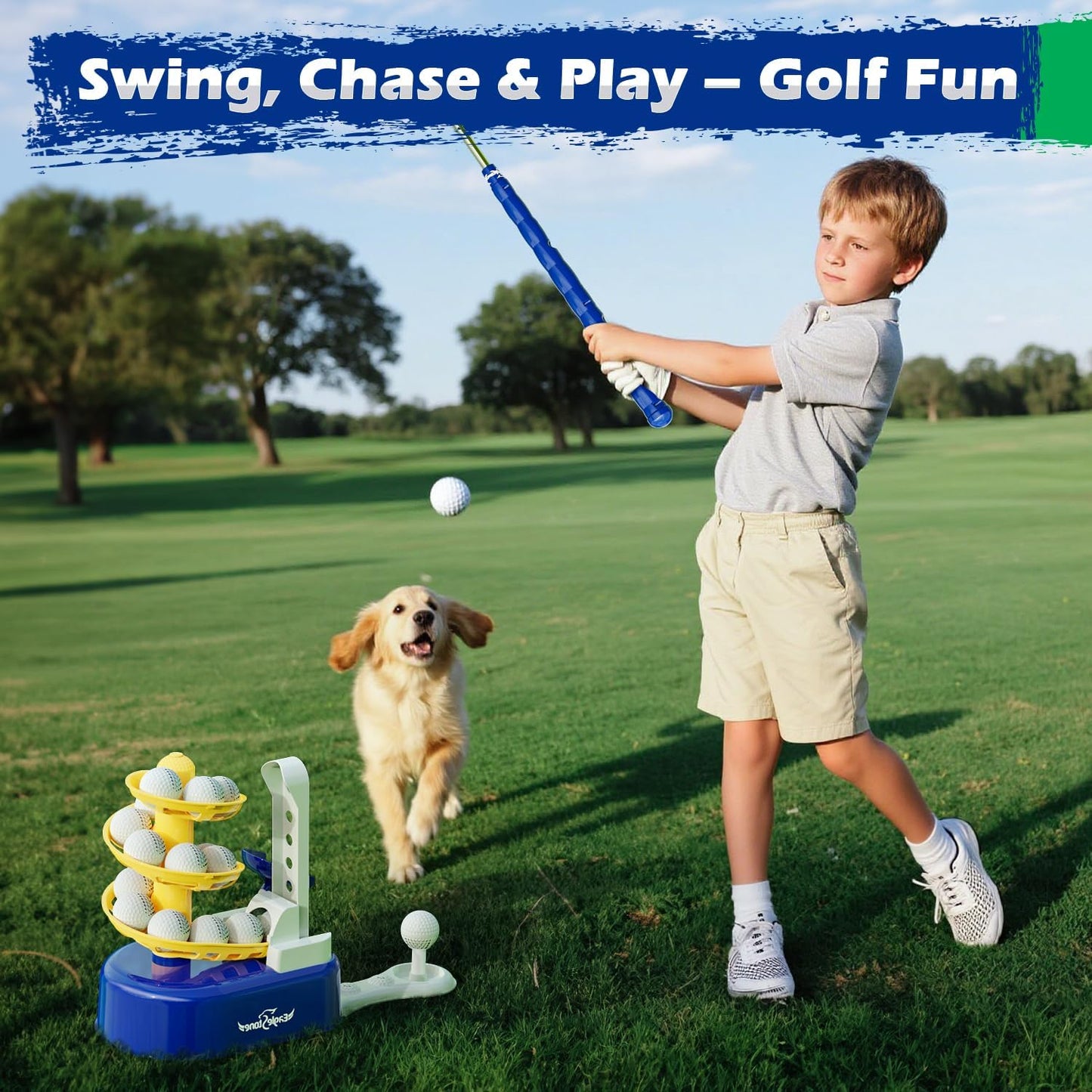 Toddler Golf Set with Foot Pedal Launcher, Kids Golf Toy for Ages 3-8, Includes Adjustable Golf Club, 15 Balls & Golf Cart, Indoor&Outdoor Sports Gift for Boys and Girls
