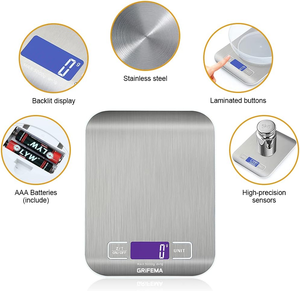 Smart Digital Kitchen Scale with Tare Function, 5 kg/11 lbs Professional High Precision Electronic Scale for Home and Kitchen (Batteries Included)