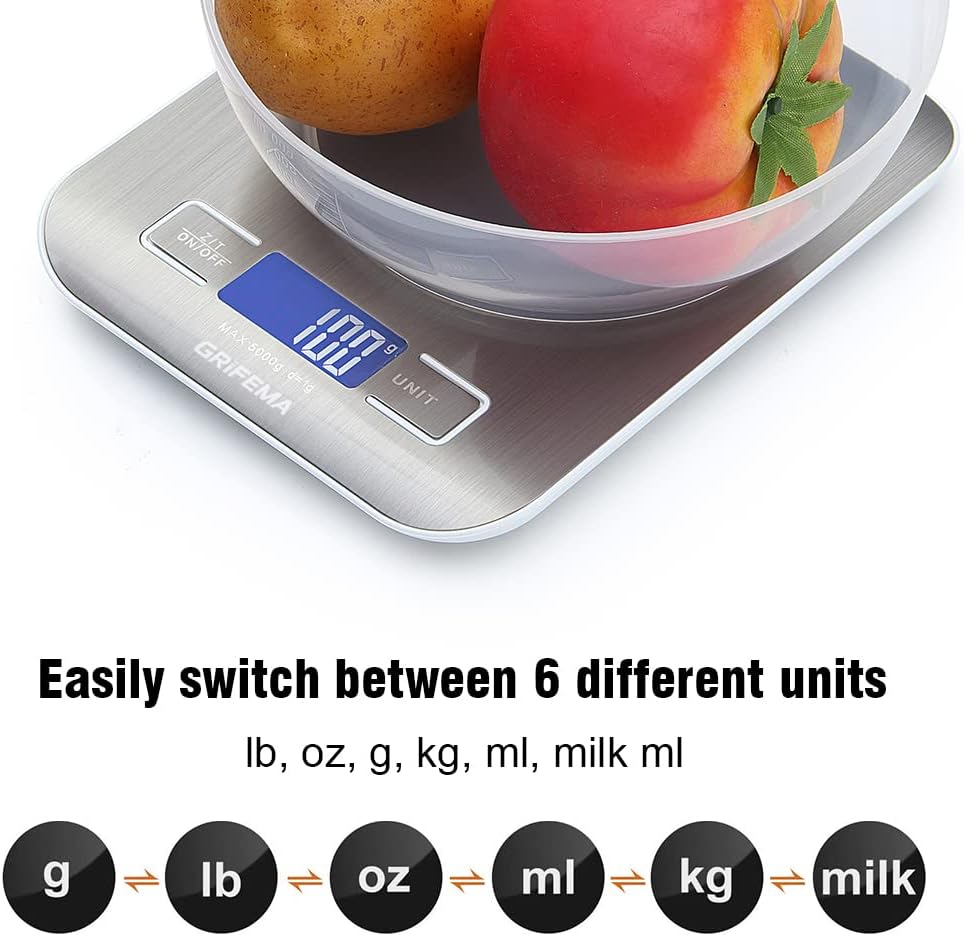 Smart Digital Kitchen Scale with Tare Function, 5 kg/11 lbs Professional High Precision Electronic Scale for Home and Kitchen (Batteries Included)