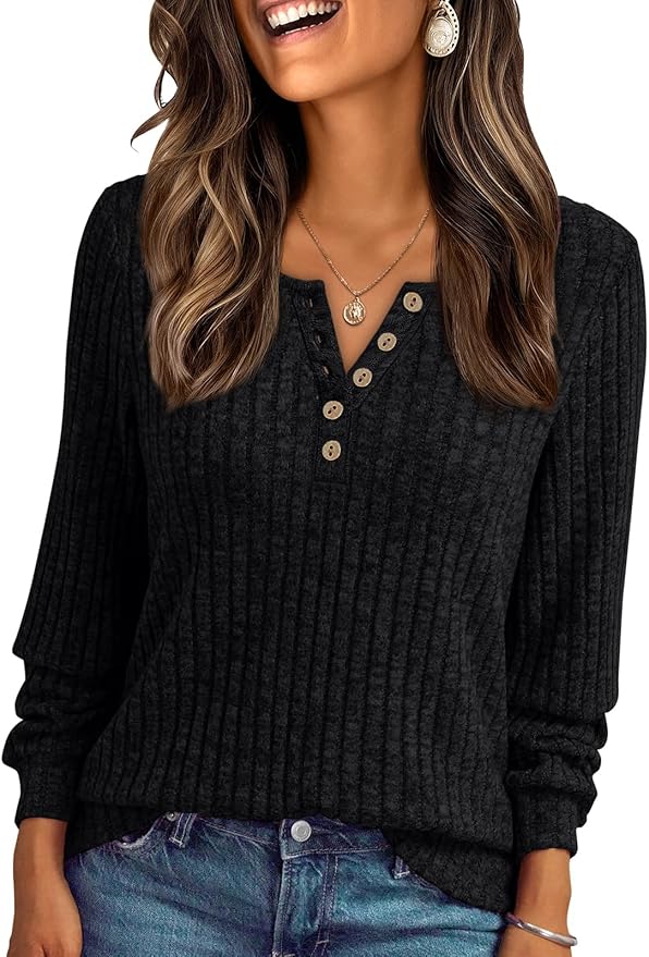 Long Sleeve Henley Shirts Women's Business Casual Lightweight Tunic Sweater Tops