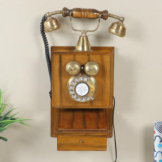 Vintage Rotary Wall Phone - Antique Wooden Wall Mount Telephone with Brass Components