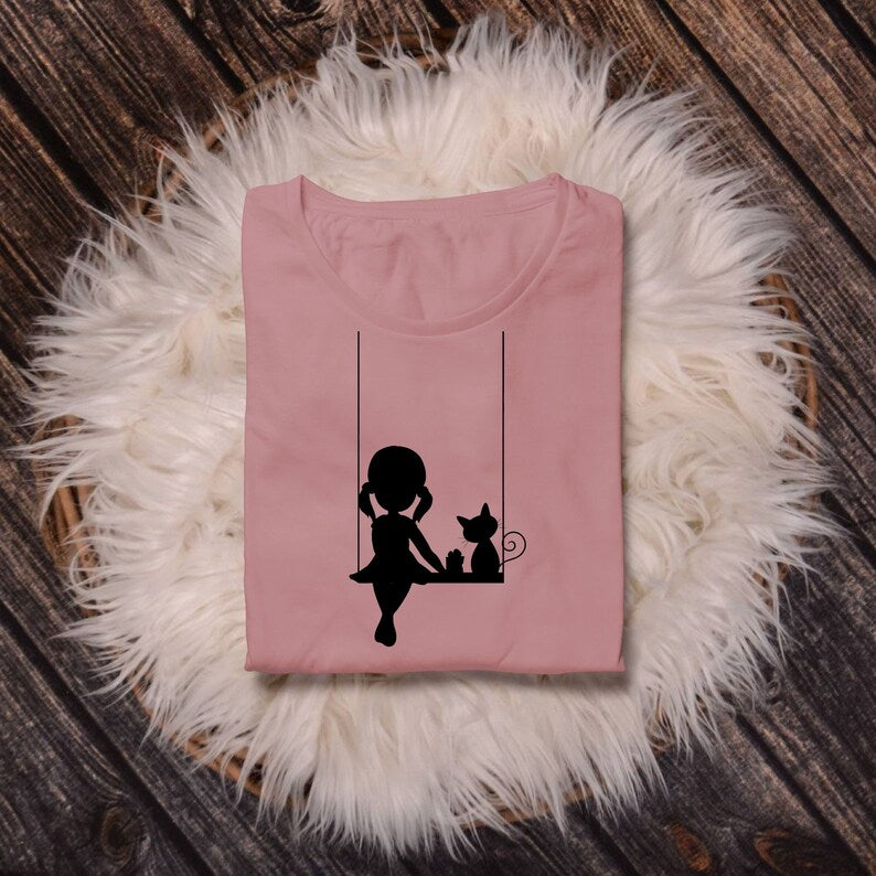 Girl cat swing svg png\ little girl with cat on swing clipart\ nursery wall decor\ printable cut file cricut silhouette digital download