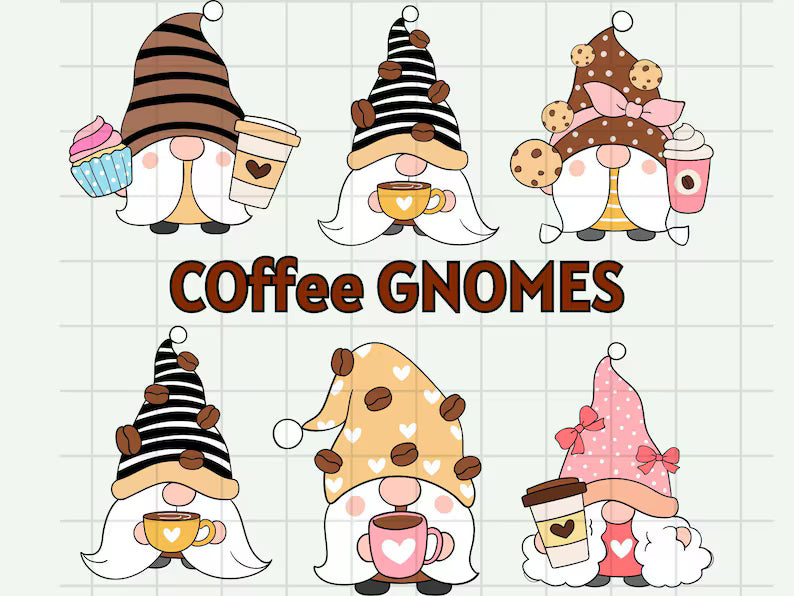 Coffee Lover Gnome PNG\ Clipart Bundle of 6 Cute Gnome PNG\ Gnomes Clipart PNG Bundle