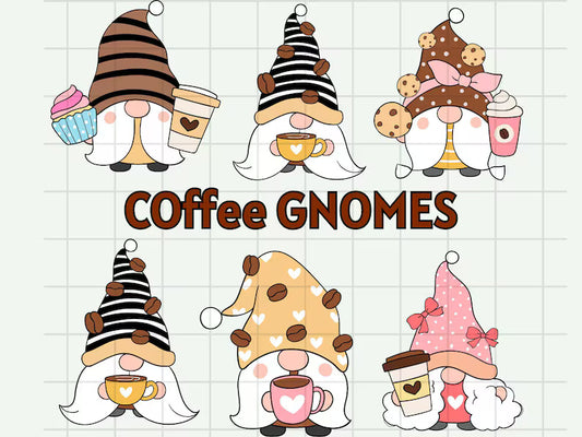 Coffee Lover Gnome PNG\ Clipart Bundle of 6 Cute Gnome PNG\ Gnomes Clipart PNG Bundle