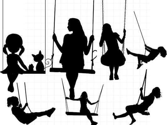 Girl cat swing svg png\ little girl with cat on swing clipart\ nursery wall decor\ printable cut file cricut silhouette digital download