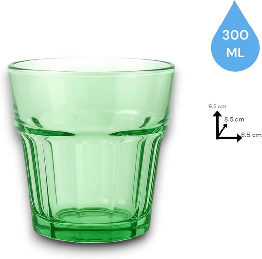 Set of 6 Coloured Glass Tumbler Glasses 360 ml and 300 ml High Quality, Modern Style, Durable and Stackable Water Glasses, Cocktails, Aperitifs, Drinks, Summer, Camping (Set Catalina)