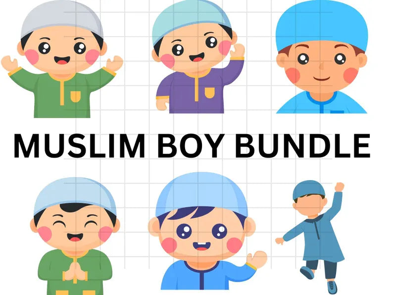 Muslim boys clipart\ Islam graphics\ Quran reading kids with Taqiyah and Misbaha\ Tasbih clip art