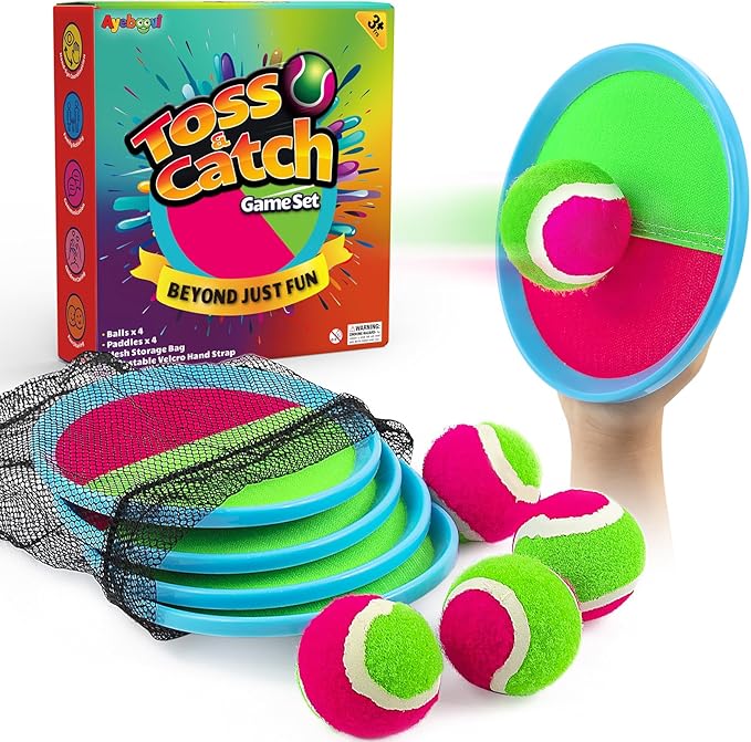 Toss and Catch Ball Set Beach Toys Pool Toys Outdoor Games Outdoor Toys Yard Games Easter Toys Gifts for Kids Ball and Catch Game with 4 Paddles and 4 Balls [Upgraded Version]