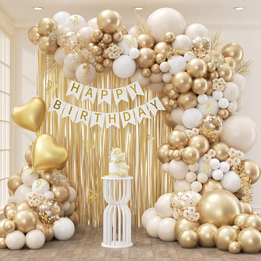 White and Gold Birthday Decorations for Women with Sand White Metallic Gold Confetti Foil Balloons Fringe Curtain Bannner for Golden Birthday Party Decorations for Women