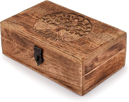 Handmade Mango Wood Tree of Life Engraving Beautifully Keepsake Box Jewellery Organiser Unique Gift Ideas for Men & Women (Flame Work Finish)