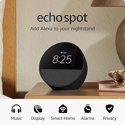 Echo Spot (newest model), Great for nightstands, offices and kitchens, Smart alarm clock with Alexa, Black