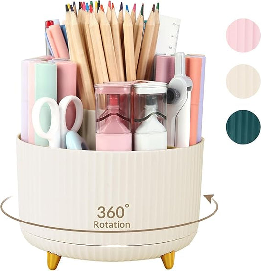 360 Rotating Plastic Desk Pen Organizer with 5 Slots, Dual-Purpose Art Supply Pencil Cup for Office, School, Home