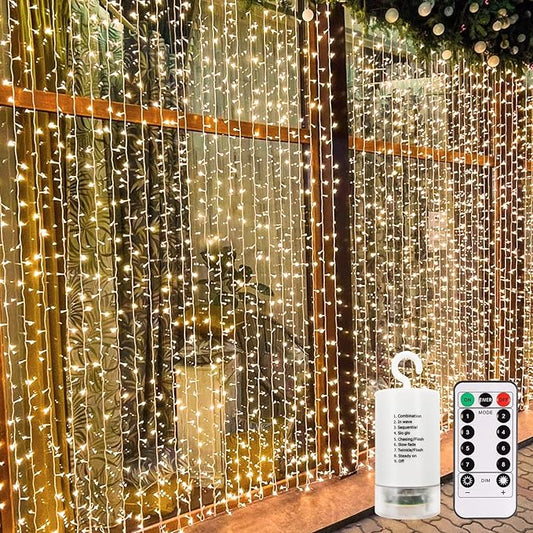 300 LED Curtain Lights Battery Operated, 9.8ft×9.8ft Hanging Light with Remote Timer Fairy Curtain Lights for Bedroom Patio Wedding Backdrop Party Decór (Warm White)