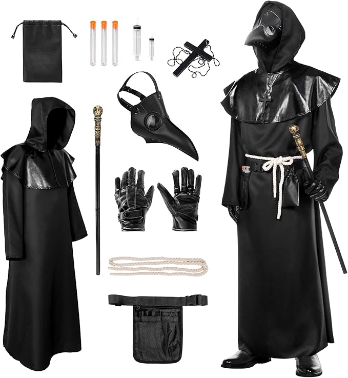 Plague Doctor Costume Suit, Plague Doctor Outfit Steampunk Fancy Dress Plague Doctor Robe with Plague Doctor Mask Scepter Cross Necklace Belt Pouch, Halloween Costumes for Adults